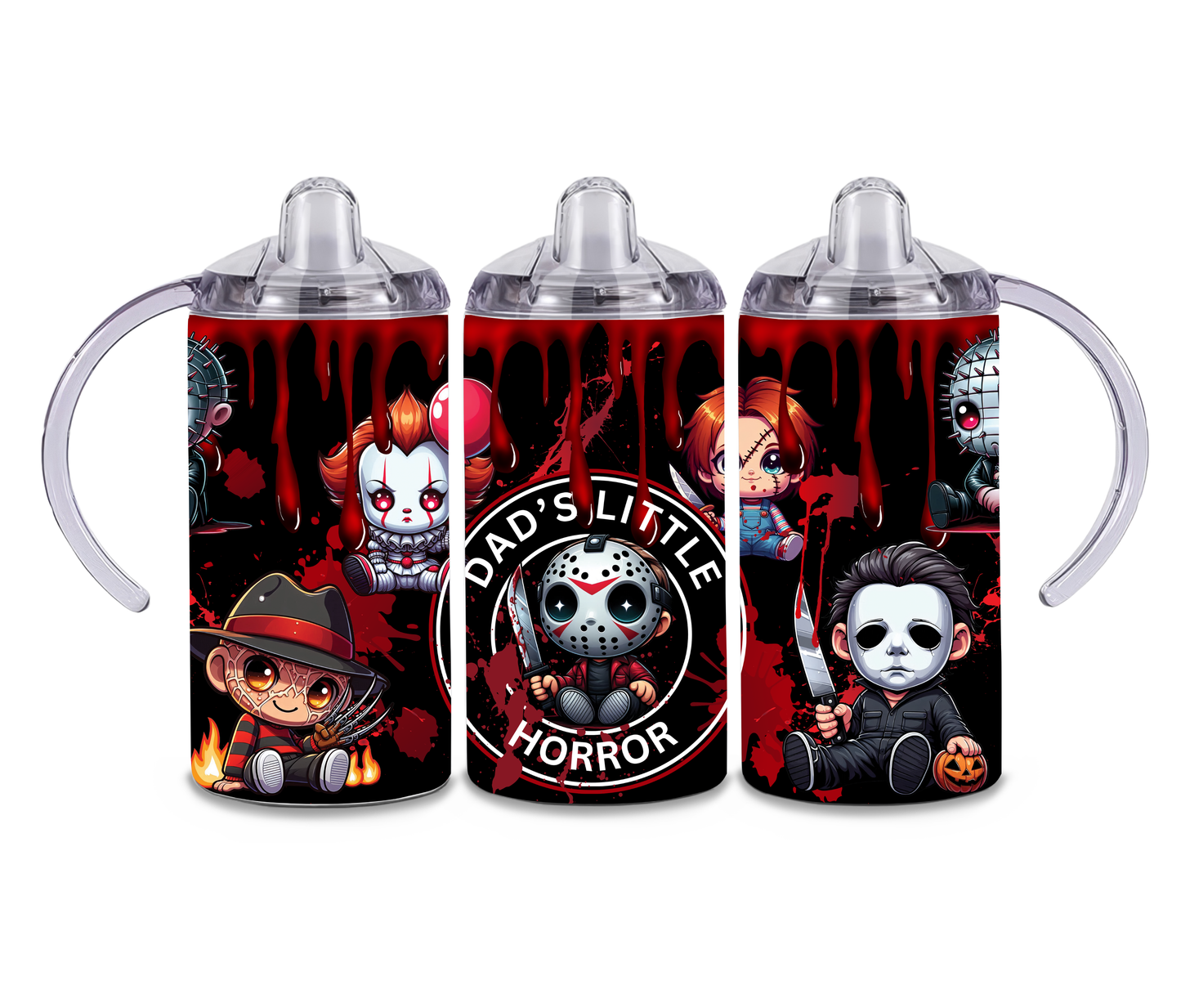 12oz / 355ml Stainless Steel Insulated Mum / Dad Horror Baby Sippy Cup with Dual Lids – Toddler to Child Transition Cup | Designed by Kreepy Kristy